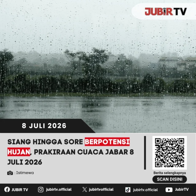 BMKG memprakirakan cuaca di wilayah Jawa Barat pada Rabu (8/7/2026) didominasi kondisi cerah hingga cerah berawan. Meski demikian, hujan ringan masih berpotensi terjadi di sejumlah wilayah pada siang hingga sore hari, sehingga masyarakat diimbau tetap waspada terhadap perubahan cuaca saat beraktivitas di luar ruangan. 

Kabupaten Sukabumi menjadi salah satu daerah yang berpotensi diguyur hujan ringan pada siang hingga sore hari. BMKG juga mengingatkan masyarakat untuk mewaspadai potensi hujan yang dapat disertai kilat atau petir dan angin kencang berdurasi singkat di beberapa wilayah Jawa Barat.

📌 𝐈𝐧𝐟𝐨 𝐥𝐞𝐧𝐠𝐤𝐚𝐩𝐧𝐲𝐚 𝐜𝐞𝐤 𝐝𝐢 𝐬𝐭𝐨𝐫𝐲 & 𝐬𝐨𝐫𝐨𝐭𝐚𝐧

#jubirtv #jubirtvnewscom #jawabarat #cuacajabar #prakiraancuaca #bmkg #infocuaca #cuacahariini #beritajabar #jawabarathariini #cuaca #infojabar