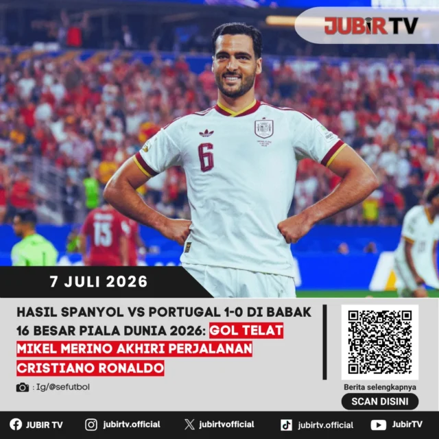 Spanyol memastikan tiket ke perempat final Piala Dunia 2026 usai menundukkan Portugal dengan skor tipis 1-0 pada babak 16 besar. Gol telat Mikel Merino menjadi penentu kemenangan La Roja sekaligus mengakhiri perjuangan Cristiano Ronaldo bersama Portugal di turnamen tersebut.

Pertandingan berlangsung ketat dengan kedua tim saling menciptakan peluang sepanjang laga. Namun, Spanyol mampu memecah kebuntuan di penghujung pertandingan lewat aksi Mikel Merino yang membawa La Roja melangkah ke babak delapan besar. Kekalahan ini sekaligus menutup perjalanan Portugal dan Cristiano Ronaldo di Piala Dunia 2026.

📌 𝐈𝐧𝐟𝐨 𝐥𝐞𝐧𝐠𝐤𝐚𝐩𝐧𝐲𝐚 𝐜𝐞𝐤 𝐝𝐢 𝐬𝐭𝐨𝐫𝐲 & 𝐬𝐨𝐫𝐨𝐭𝐚𝐧

#jubirtv #jubirtvnewscom #spanyol #portugal #mikelmerino #cristianoronaldo #laroja #pialadunia2026 #worldcup2026 #beritabola #footballnews #sepakbola