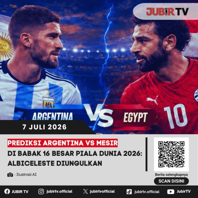 Argentina akan menghadapi Mesir pada babak 16 besar Piala Dunia 2026 dengan status sebagai tim unggulan. Albiceleste dinilai memiliki kualitas skuad, pengalaman, serta performa yang lebih meyakinkan sepanjang turnamen, namun tetap harus mewaspadai perlawanan Mesir yang berpotensi memberikan kejutan.

Mesir diperkirakan mengandalkan permainan disiplin dan serangan balik cepat untuk meredam dominasi Argentina. Sementara itu, Albiceleste diprediksi tampil menyerang sejak awal demi mengamankan tiket ke perempat final. Mampukah Argentina memenuhi status favorit, atau Mesir justru menciptakan kejutan di fase gugur?

📌 𝐈𝐧𝐟𝐨 𝐥𝐞𝐧𝐠𝐤𝐚𝐩𝐧𝐲𝐚 𝐜𝐞𝐤 𝐝𝐢 𝐬𝐭𝐨𝐫𝐲 & 𝐬𝐨𝐫𝐨𝐭𝐚𝐧

#jubirtv #jubirtvnewscom #argentina #mesir #albiceleste #pialadunia2026 #worldcup2026 #prediksibola #beritabola #footballnews #fifaworldcup #sepakbola