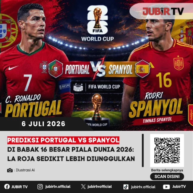 Portugal akan menghadapi Spanyol dalam duel sesama raksasa Eropa pada babak 16 besar Piala Dunia 2026. Laga bertajuk Derby Iberia ini diprediksi berlangsung sengit, meski La Roja sedikit lebih diunggulkan berkat performa yang lebih konsisten sepanjang turnamen.

Portugal dipastikan mengandalkan kekuatan kolektif serta ketajaman lini depan untuk meredam permainan Spanyol yang dikenal dominan dalam penguasaan bola. Pertemuan dua tim bertabur bintang ini diprediksi menjadi salah satu pertandingan paling menarik di fase gugur. Mampukah Portugal membuat kejutan, atau Spanyol melangkah ke perempat final?

📌 𝐈𝐧𝐟𝐨 𝐥𝐞𝐧𝐠𝐤𝐚𝐩𝐧𝐲𝐚 𝐜𝐞𝐤 𝐝𝐢 𝐬𝐭𝐨𝐫𝐲 & 𝐬𝐨𝐫𝐨𝐭𝐚𝐧

#jubirtv #jubirtvnewscom #portugal #spanyol #pialadunia2026 #worldcup2026 #laroja #selecao #prediksibola #beritabola #footballnews #sepakbola