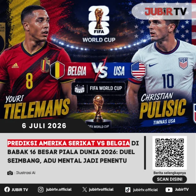 Amerika Serikat akan menghadapi Belgia pada babak 16 besar Piala Dunia 2026 dalam laga yang diprediksi berlangsung seimbang. Kedua tim sama-sama memiliki kualitas untuk melaju ke perempat final, sehingga faktor mental, efektivitas memanfaatkan peluang, dan disiplin permainan diyakini akan menjadi penentu hasil pertandingan.

Amerika Serikat mengandalkan semangat bermain di hadapan publik sendiri serta kolektivitas tim, sementara Belgia datang dengan pengalaman para pemainnya di level tertinggi sepak bola Eropa. Siapa yang mampu tampil lebih tenang di laga hidup-mati ini akan memiliki peluang lebih besar untuk mengamankan tiket ke babak delapan besar.

📌 𝐈𝐧𝐟𝐨 𝐥𝐞𝐧𝐠𝐤𝐚𝐩𝐧𝐲𝐚 𝐜𝐞𝐤 𝐝𝐢 𝐬𝐭𝐨𝐫𝐲 & 𝐬𝐨𝐫𝐨𝐭𝐚𝐧

#jubirtv #jubirtvnewscom #amerikaserikat #belgia #pialadunia2026 #worldcup2026 #usmnt #reddevils #prediksibola #beritabola #footballnews #sepakbola