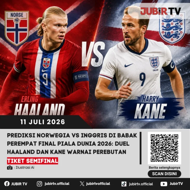 Norwegia akan menghadapi Inggris pada laga perempat final Piala Dunia 2026 di Stadion Miami, Minggu (12/7/2026) pukul 04.00 WIB. Pertandingan ini diprediksi menjadi duel paling seimbang di babak delapan besar, dengan kedua tim sama-sama memiliki peluang besar untuk melaju ke semifinal.

Norwegia menjadi salah satu kejutan terbesar di Piala Dunia 2026. Tim asuhan Ståle Solbakken untuk pertama kalinya dalam sejarah berhasil menembus babak perempat final turnamen besar.

📌 𝐈𝐧𝐟𝐨 𝐥𝐞𝐧𝐠𝐤𝐚𝐩𝐧𝐲𝐚 𝐜𝐞𝐤 𝐝𝐢 𝐬𝐭𝐨𝐫𝐲 & 𝐬𝐨𝐫𝐨𝐭𝐚𝐧

#jubirtv #jubirtvnewscom #pialadunia #norwegia #inggris