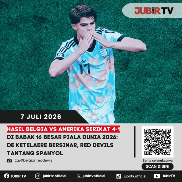 Belgia melaju ke perempat final Piala Dunia 2026 setelah mengalahkan Amerika Serikat dengan skor meyakinkan 4-1 pada babak 16 besar. Charles De Ketelaere tampil gemilang dan menjadi bintang kemenangan Red Devils yang kini bersiap menghadapi Spanyol pada laga delapan besar.

Belgia tampil dominan sejak awal pertandingan dan mampu memanfaatkan peluang dengan efektif untuk mengamankan kemenangan telak. Sementara itu, Amerika Serikat harus mengakhiri kiprahnya di hadapan publik sendiri. Hasil ini memastikan duel sengit antara Belgia dan Spanyol di babak perempat final Piala Dunia 2026

📌 𝐈𝐧𝐟𝐨 𝐥𝐞𝐧𝐠𝐤𝐚𝐩𝐧𝐲𝐚 𝐜𝐞𝐤 𝐝𝐢 𝐬𝐭𝐨𝐫𝐲 & 𝐬𝐨𝐫𝐨𝐭𝐚𝐧

#jubirtv #jubirtvnewscom #belgia #amerikaserikat #deketelaere #reddevils #spanyol #pialadunia2026 #worldcup2026 #beritabola #footballnews #sepakbola