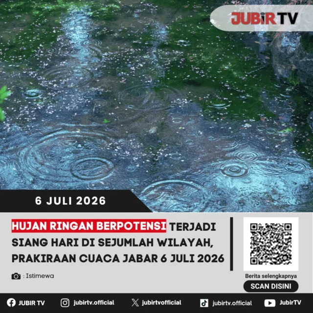 Sebagian wilayah Jawa Barat diprakirakan mengalami cuaca cerah hingga berawan pada Minggu (6/7). Meski demikian, BMKG memperkirakan hujan ringan berpotensi turun pada siang hingga sore hari di sejumlah wilayah, sehingga masyarakat diimbau tetap waspada terhadap perubahan cuaca saat beraktivitas di luar ruangan. 

Memasuki musim kemarau, peluang hujan memang cenderung berkurang. Namun, kondisi atmosfer masih memungkinkan terjadinya hujan lokal di beberapa daerah. Karena itu, masyarakat disarankan memantau informasi cuaca terbaru sebelum bepergian agar aktivitas tetap berjalan aman dan lancar.

📌 𝐈𝐧𝐟𝐨 𝐥𝐞𝐧𝐠𝐤𝐚𝐩𝐧𝐲𝐚 𝐜𝐞𝐤 𝐝𝐢 𝐬𝐭𝐨𝐫𝐲 & 𝐬𝐨𝐫𝐨𝐭𝐚𝐧

#jubirtv #jubirtvnewscom #jawabarat #cuacajabar #prakiraancuaca #bmkg #infocuaca #cuacahariini #beritajabar #jawabarathariini #cuaca #infojabar
