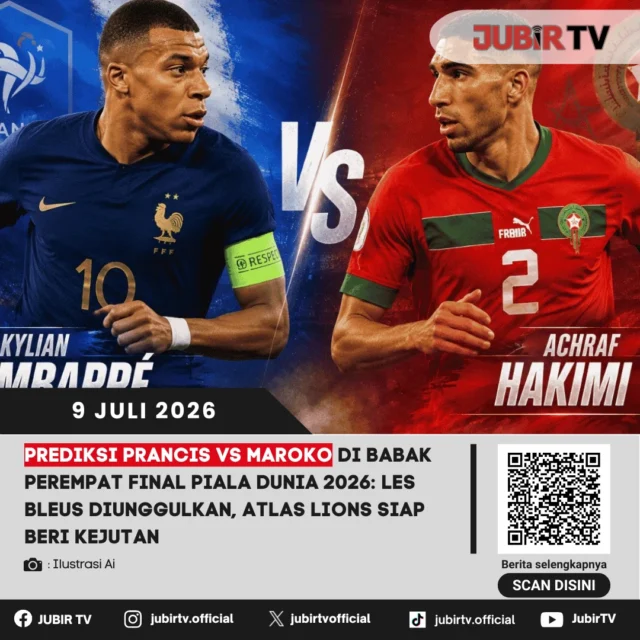 ⚽ Laga panas tersaji di perempat final Piala Dunia 2026! Prancis akan menghadapi Maroko dalam duel yang diprediksi berlangsung sengit demi memperebutkan satu tiket ke babak semifinal.

Les Bleus datang dengan status unggulan berkat performa impresif sepanjang turnamen. Namun, Singa Atlas bukan lawan yang bisa dipandang sebelah mata. Maroko siap memberikan kejutan dan membawa semangat balas dendam setelah pertemuan kedua tim di semifinal Piala Dunia 2022. Siapa yang akan melangkah ke empat besar?

📌 𝐈𝐧𝐟𝐨 𝐥𝐞𝐧𝐠𝐤𝐚𝐩𝐧𝐲𝐚 𝐜𝐞𝐤 𝐝𝐢 𝐬𝐭𝐨𝐫𝐲 & 𝐬𝐨𝐫𝐨𝐭𝐚𝐧

#jubirtv #jubirtvnewscom #pialadunia2026 #prancis #maroko #worldcup2026 #sepakbola #prediksibola #olahraga #football #beritaterkini