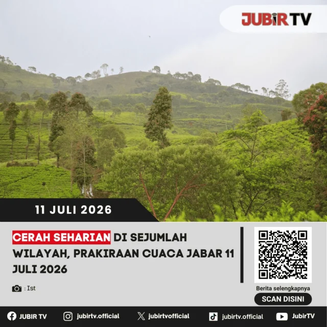 Badan Meteorologi, Klimatologi, dan Geofisika (BMKG) merilis prakiraan cuaca wilayah Jawa Barat pada Sabtu, 11 Juli 2026.
BMKG memprediksi kondisi cuaca di sebagian besar wilayah Jawa Barat didominasi kondisi cerah hingga cerah berawan. Sejumlah daerah diperkirakan mengalami kondisi berawan pada siang hingga malam hari, namun secara umum tidak terdapat potensi cuaca ekstrem yang signifikan. Masyarakat tetap diimbau untuk memantau pembaruan informasi cuaca dari BMKG sebelum beraktivitas di luar ruangan.

📌 𝐈𝐧𝐟𝐨 𝐥𝐞𝐧𝐠𝐤𝐚𝐩𝐧𝐲𝐚 𝐜𝐞𝐤 𝐝𝐢 𝐬𝐭𝐨𝐫𝐲 & 𝐬𝐨𝐫𝐨𝐭𝐚𝐧

#jubirtv #jubirtvnewscom #cuacajabar #cuacasukabumi #prakiraancuaca