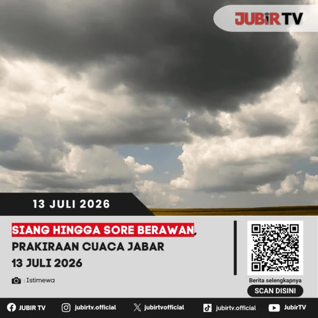 ⛅ Cuaca di Jawa Barat pada Senin, 13 Juli 2026 diprakirakan didominasi kondisi berawan sejak siang hingga sore hari. Meski begitu, masyarakat tetap disarankan mewaspadai perubahan cuaca di sejumlah wilayah. 

Bagi yang akan beraktivitas di luar ruangan, jangan lupa memantau perkembangan cuaca dan siapkan perlengkapan yang diperlukan agar aktivitas tetap berjalan lancar. Tetap waspada terhadap potensi perubahan cuaca meski sebagian besar wilayah telah memasuki musim kemarau.

📌 𝐈𝐧𝐟𝐨 𝐥𝐞𝐧𝐠𝐤𝐚𝐩𝐧𝐲𝐚 𝐜𝐞𝐤 𝐝𝐢 𝐬𝐭𝐨𝐫𝐲 & 𝐬𝐨𝐫𝐨𝐭𝐚𝐧

#jubirtv #jubirtvnewscom #prakiraancuaca #cuacajabar #jawabarat #bmkg #cuacahariini #infocuaca #beritajabar #sukabumi
