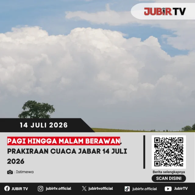 ⛅ Prakiraan cuaca Jawa Barat pada Selasa, 14 Juli 2026 didominasi kondisi berawan sejak pagi hingga malam hari. Meski cuaca cenderung stabil, masyarakat tetap diimbau waspada terhadap perubahan cuaca di sejumlah wilayah. 

Bagi yang akan beraktivitas di luar ruangan, jangan lupa memantau informasi cuaca terbaru dan menyesuaikan perlengkapan yang dibutuhkan. Tetap jaga kondisi tubuh dan waspada terhadap potensi angin kencang di beberapa daerah.

📌 𝐈𝐧𝐟𝐨 𝐥𝐞𝐧𝐠𝐤𝐚𝐩𝐧𝐲𝐚 𝐜𝐞𝐤 𝐝𝐢 𝐬𝐭𝐨𝐫𝐲 & 𝐬𝐨𝐫𝐨𝐭𝐚𝐧

#jubirtv #jubirtvnewscom #prakiraancuaca #cuacajabar #jawabarat #bmkg #cuacahariini #infocuaca #beritajabar #sukabumi