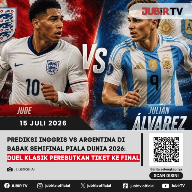 ⚽ Semifinal Piala Dunia 2026 kembali menghadirkan laga penuh gengsi! Inggris dan Argentina akan saling berhadapan dalam duel klasik demi memperebutkan satu tiket menuju partai final.

Inggris mengandalkan kedalaman skuad dan permainan disiplin, sementara Argentina datang dengan mental juara serta lini serang yang berbahaya. Siapa yang akan menyusul Spanyol ke final? 

📌 𝐈𝐧𝐟𝐨 𝐥𝐞𝐧𝐠𝐤𝐚𝐩𝐧𝐲𝐚 𝐜𝐞𝐤 𝐝𝐢 𝐬𝐭𝐨𝐫𝐲 & 𝐬𝐨𝐫𝐨𝐭𝐚𝐧

#jubirtv #jubirtvnewscom #pialadunia2026 #inggris #argentina #semifinal #worldcup2026 #sepakbola #football #olahraga