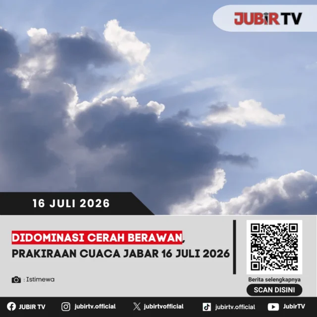 🌤️ Cuaca di Jawa Barat pada Kamis, 16 Juli 2026 diprakirakan didominasi cerah berawan di sejumlah wilayah. Meski kondisi cuaca cenderung mendukung aktivitas, masyarakat tetap diimbau mewaspadai perubahan cuaca yang dapat terjadi pada waktu-waktu tertentu. 

Bagi yang berencana beraktivitas di luar ruangan, pastikan tetap memantau informasi cuaca terbaru dan menjaga kondisi tubuh, terutama di tengah musim kemarau yang masih berlangsung di sebagian besar wilayah Jawa Barat.

📌 𝐈𝐧𝐟𝐨 𝐥𝐞𝐧𝐠𝐤𝐚𝐩𝐧𝐲𝐚 𝐜𝐞𝐤 𝐝𝐢 𝐬𝐭𝐨𝐫𝐲 & 𝐬𝐨𝐫𝐨𝐭𝐚𝐧

#jubirtv #jubirtvnewscom #prakiraancuaca #cuacajabar #jawabarat #bmkg #cuacahariini #infocuaca #beritajabar #sukabumi
