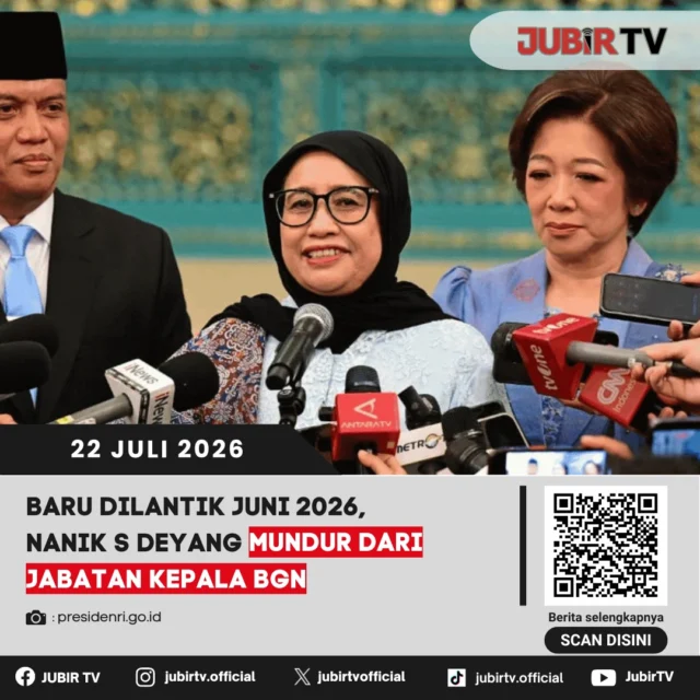 🏛️ Baru dilantik pada Juni 2026, Kepala Badan Gizi Nasional (BGN) Nanik S. Deyang resmi mengundurkan diri dari jabatannya. Pengunduran diri tersebut disampaikan karena alasan kesehatan, setelah ia berpamitan kepada Presiden untuk menjalani pengobatan jantung. Simak informasi lengkapnya.

📌 𝐈𝐧𝐟𝐨 𝐥𝐞𝐧𝐠𝐤𝐚𝐩𝐧𝐲𝐚 𝐜𝐞𝐤 𝐝𝐢 𝐬𝐭𝐨𝐫𝐲 & 𝐬𝐨𝐫𝐨𝐭𝐚𝐧

#jubirtv #jubirtvnewscom #bgn #naniksdeyang #makanbergizigratis #prabowo #beritanasional #kesehatan #pemerintah