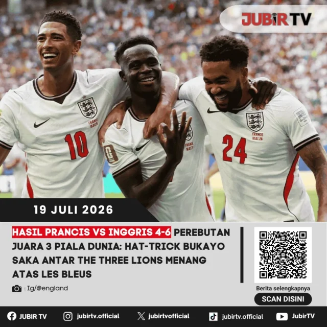 ⚽ Inggris sukses menutup Piala Dunia 2026 dengan kemenangan dramatis! The Three Lions mengalahkan Prancis 6-4 dalam laga perebutan juara ketiga yang dihiasi hat-trick Bukayo Saka. Duel sengit ini juga diwarnai aksi Kylian Mbappe dan banjir gol hingga peluit akhir.

📌 𝐈𝐧𝐟𝐨 𝐥𝐞𝐧𝐠𝐤𝐚𝐩𝐧𝐲𝐚 𝐜𝐞𝐤 𝐝𝐢 𝐬𝐭𝐨𝐫𝐲 & 𝐬𝐨𝐫𝐨𝐭𝐚𝐧

#jubirtv #jubirtvnewscom #pialadunia2026 #prancis #inggris #bukayosaka #mbappe #sepakbola #hasilbola #fifa