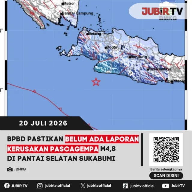 📍 BPBD Kabupaten Sukabumi memastikan hingga saat ini belum ada laporan kerusakan maupun korban akibat gempa magnitudo 4,8 yang mengguncang Pantai Selatan Sukabumi. Meski demikian, masyarakat tetap diimbau waspada dan mengikuti informasi resmi dari BMKG serta BPBD.

📌 𝐈𝐧𝐟𝐨 𝐥𝐞𝐧𝐠𝐤𝐚𝐩𝐧𝐲𝐚 𝐜𝐞𝐤 𝐝𝐢 𝐬𝐭𝐨𝐫𝐲 & 𝐬𝐨𝐫𝐨𝐭𝐚𝐧

#jubirtv #jubirtvnewscom #gempasukabumi #bpbd #bmkg #kabupatensukabumi #pantaiselatan #infobencana #beritasukabumi #jawabarat