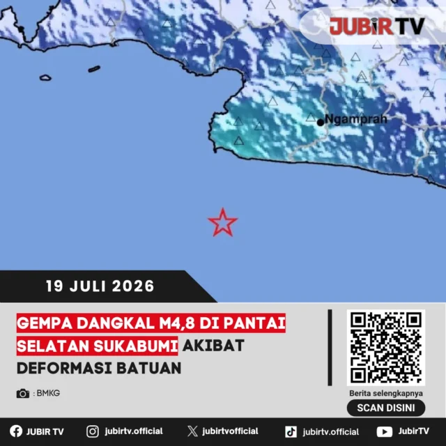 🚨 Gempa dangkal mengguncang wilayah Pantai Selatan Sukabumi pada Minggu sore. Meski sempat dirasakan di sejumlah daerah, BMKG memastikan gempa tersebut tidak berpotensi tsunami. Simak lokasi pusat gempa dan penjelasan lengkapnya.

📌 𝐈𝐧𝐟𝐨 𝐥𝐞𝐧𝐠𝐤𝐚𝐩𝐧𝐲𝐚 𝐜𝐞𝐤 𝐝𝐢 𝐬𝐭𝐨𝐫𝐲 & 𝐬𝐨𝐫𝐨𝐭𝐚𝐧

#jubirtv #jubirtvnewscom #gempa #gempasukabumi #bmkg #kabupatensukabumi #pantaiselatan #infobencana #beritasukabumi #jawabarat
