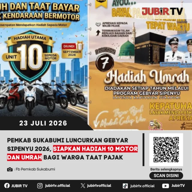 🎁 Bayar pajak bisa dapat hadiah! Pemkab Sukabumi resmi meluncurkan Gebyar Sipenyu 2026 dengan berbagai hadiah menarik, mulai dari 10 unit sepeda motor hingga paket umrah bagi masyarakat yang taat membayar pajak. Program ini diharapkan mampu meningkatkan kesadaran masyarakat sekaligus mendongkrak Pendapatan Asli Daerah (PAD).

📌 𝐈𝐧𝐟𝐨 𝐥𝐞𝐧𝐠𝐤𝐚𝐩𝐧𝐲𝐚 𝐜𝐞𝐤 𝐝𝐢 𝐬𝐭𝐨𝐫𝐲 & 𝐬𝐨𝐫𝐨𝐭𝐚𝐧

#jubirtv #jubirtvnewscom #gebyarsipenyu #bapenda #kabupatensukabumi #pajak #taatpajak #pad #umrah #beritasukabumi