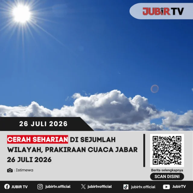 🌤️ Cuaca di Jawa Barat diprakirakan cerah berawan di sejumlah wilayah sepanjang Minggu (26/7). Meski cuaca cenderung bersahabat, masyarakat tetap diimbau waspada terhadap perubahan cuaca yang dapat terjadi pada siang hingga sore hari.

📌 𝐈𝐧𝐟𝐨 𝐥𝐞𝐧𝐠𝐤𝐚𝐩𝐧𝐲𝐚 𝐜𝐞𝐤 𝐝𝐢 𝐬𝐭𝐨𝐫𝐲 & 𝐬𝐨𝐫𝐨𝐭𝐚𝐧

#jubirtv #jubirtvnewscom #cuaca #prakiraancuaca #bmkg #jawabarat #infocuaca #beritajabar #beritasukabumi #sukabumi