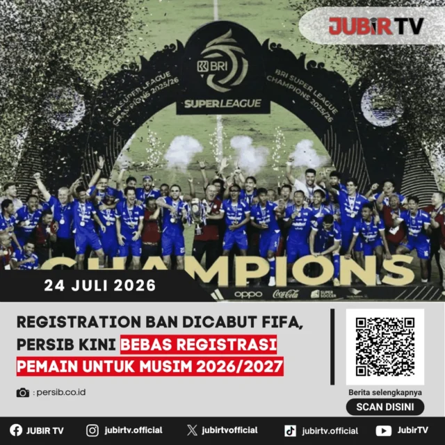🔓 Kabar baik untuk Bobotoh! FIFA resmi mencabut registration ban Persib Bandung. Artinya, Maung Bandung kini bebas mendaftarkan seluruh pemain barunya dan siap menatap musim 2026/2027 dengan kekuatan penuh.

📌 𝐈𝐧𝐟𝐨 𝐥𝐞𝐧𝐠𝐤𝐚𝐩𝐧𝐲𝐚 𝐜𝐞𝐤 𝐝𝐢 𝐬𝐭𝐨𝐫𝐲 & 𝐬𝐨𝐫𝐨𝐭𝐚𝐧

#jubirtv #jubirtvnewscom #persib #persibbandung #bobotoh #fifa #registrationban #maungbandung #ligaindonesia #sepakbola