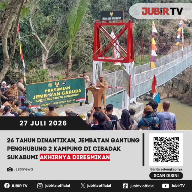 🌉 Penantian selama 26 tahun akhirnya terwujud. Jembatan gantung yang menghubungkan dua kampung di Kelurahan Cibadak, Kabupaten Sukabumi, resmi diresmikan. Kehadiran jembatan ini diharapkan mempermudah mobilitas warga, memperlancar aktivitas ekonomi, serta memberikan akses yang lebih aman bagi masyarakat.

📌 𝐈𝐧𝐟𝐨 𝐥𝐞𝐧𝐠𝐤𝐚𝐩𝐧𝐲𝐚 𝐜𝐞𝐤 𝐝𝐢 𝐬𝐭𝐨𝐫𝐲 & 𝐬𝐨𝐫𝐨𝐭𝐚𝐧

#jubirtv #jubirtvnewscom #cibadak #kabupatensukabumi #jembatangantung #infrastruktur #pembangunan #akseswarga #beritasukabumi #jawabarat