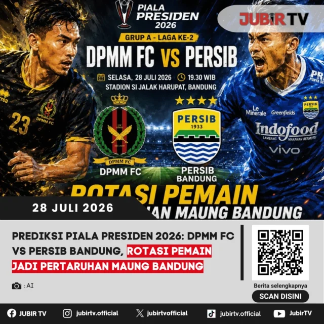 ⚽ Persib Bandung kembali diuji di Piala Presiden 2026 saat menghadapi DPMM FC. Rotasi pemain diperkirakan menjadi strategi Igor Tolic demi menjaga kebugaran skuad sekaligus mengamankan poin penting untuk membuka jalan menuju semifinal. Pertandingan ini diprediksi berlangsung sengit meski Maung Bandung lebih diunggulkan.

📌 𝐈𝐧𝐟𝐨 𝐥𝐞𝐧𝐠𝐤𝐚𝐩𝐧𝐲𝐚 𝐜𝐞𝐤 𝐝𝐢 𝐬𝐭𝐨𝐫𝐲 & 𝐬𝐨𝐫𝐨𝐭𝐚𝐧

#jubirtv #jubirtvnewscom #persib #persibbandung #bobotoh #pialapresiden2026 #dpmmfc #maungbandung #sepakbola