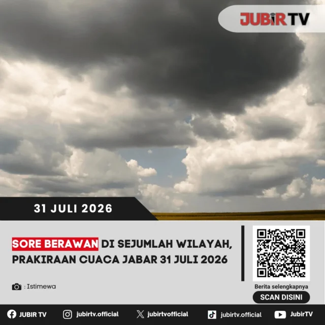 🌤️ BMKG memprakirakan cuaca di sejumlah wilayah Jawa Barat pada Jumat (31/7) didominasi kondisi berawan hingga sore hari. Meski begitu, masyarakat tetap diimbau mewaspadai potensi hujan lokal di beberapa daerah dan menyesuaikan aktivitas luar ruangan dengan perkembangan cuaca terkini.

📌 𝐈𝐧𝐟𝐨 𝐥𝐞𝐧𝐠𝐤𝐚𝐩𝐧𝐲𝐚 𝐜𝐞𝐤 𝐝𝐢 𝐬𝐭𝐨𝐫𝐲 & 𝐬𝐨𝐫𝐨𝐭𝐚𝐧

#jubirtv #jubirtvnewscom #cuaca #prakiraancuaca #bmkg #jawabarat #infocuaca #beritajabar #beritasukabumi #sukabumi
