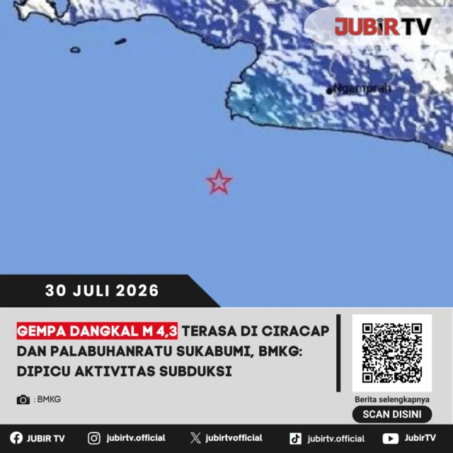 🌍 Gempa bumi dangkal sempat dirasakan warga di Ciracap dan Palabuhanratu, Kabupaten Sukabumi. Berdasarkan analisis BMKG, gempa tersebut dipicu aktivitas subduksi di selatan Jawa. Hingga kini belum ada laporan kerusakan maupun korban akibat peristiwa tersebut, namun masyarakat tetap diimbau waspada dan tidak mudah terpengaruh informasi yang belum terverifikasi.

📌 𝐈𝐧𝐟𝐨 𝐥𝐞𝐧𝐠𝐤𝐚𝐩𝐧𝐲𝐚 𝐜𝐞𝐤 𝐝𝐢 𝐬𝐭𝐨𝐫𝐲 & 𝐬𝐨𝐫𝐨𝐭𝐚𝐧

#jubirtv #jubirtvnewscom #gempa #bmkg #ciracap #palabuhanratu #kabupatensukabumi #beritasukabumi #jawabarat #mitigasibencana