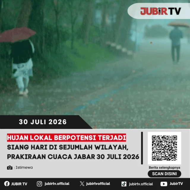 🌦️ BMKG memprakirakan hujan lokal berpotensi terjadi pada siang hingga sore hari di sejumlah wilayah Jawa Barat, Kamis (30/7). Meski pagi diprediksi didominasi cuaca cerah berawan, masyarakat diimbau tetap membawa perlengkapan hujan dan mewaspadai perubahan cuaca secara tiba-tiba.

📌 𝐈𝐧𝐟𝐨 𝐥𝐞𝐧𝐠𝐤𝐚𝐩𝐧𝐲𝐚 𝐜𝐞𝐤 𝐝𝐢 𝐬𝐭𝐨𝐫𝐲 & 𝐬𝐨𝐫𝐨𝐭𝐚𝐧

#jubirtv #jubirtvnewscom #cuaca #prakiraancuaca #bmkg #jawabarat #infocuaca #beritajabar #beritasukabumi #sukabumi