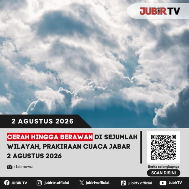 🌤️ Sebagian besar wilayah Jawa Barat diprakirakan mengalami cuaca cerah hingga berawan pada Minggu (2/8). Meski kondisi cuaca relatif mendukung aktivitas, masyarakat tetap diimbau mewaspadai potensi perubahan cuaca lokal dan selalu memperbarui informasi dari BMKG sebelum beraktivitas di luar ruangan.

📌 𝐈𝐧𝐟𝐨 𝐥𝐞𝐧𝐠𝐤𝐚𝐩𝐧𝐲𝐚 𝐜𝐞𝐤 𝐝𝐢 𝐬𝐭𝐨𝐫𝐲 & 𝐬𝐨𝐫𝐨𝐭𝐚𝐧

#jubirtv #jubirtvnewscom #cuaca #prakiraancuaca #bmkg #jawabarat #infocuaca #beritajabar #beritasukabumi #sukabumi