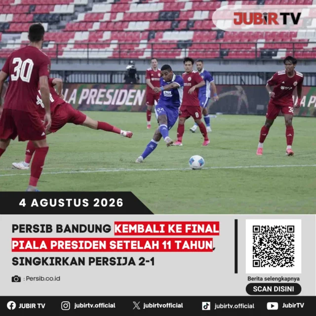 🐯🔥 Persib Bandung kembali menunjukkan dominasinya atas rival abadi. Maung Bandung sukses menyingkirkan Persija Jakarta dengan skor 2-1 dan memastikan tiket ke final Piala Presiden 2026, sekaligus mengakhiri penantian 11 tahun untuk kembali tampil di partai puncak turnamen pramusim bergengsi ini. Kini, Persib tinggal selangkah lagi menuju gelar juara.

📌 𝐈𝐧𝐟𝐨 𝐥𝐞𝐧𝐠𝐤𝐚𝐩𝐧𝐲𝐚 𝐜𝐞𝐤 𝐝𝐢 𝐬𝐭𝐨𝐫𝐲 & 𝐬𝐨𝐫𝐨𝐭𝐚𝐧

#jubirtv #jubirtvnewscom #persib #persija #pialapresiden2026 #bobotoh #maungbandung #beritaolahraga #sepakbola