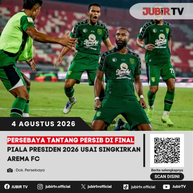 ⚽ Final Piala Presiden 2026 dipastikan mempertemukan dua tim sarat sejarah, Persib Bandung dan Persebaya Surabaya. Bajul Ijo melaju ke partai puncak usai menyingkirkan Arema FC dengan skor tipis 1-0, menyusul Persib yang lebih dulu mengamankan tiket final setelah mengalahkan Persija Jakarta 2-1. Duel dua tim besar ini diprediksi menjadi laga penutup yang penuh gengsi.

📌 𝐈𝐧𝐟𝐨 𝐥𝐞𝐧𝐠𝐤𝐚𝐩𝐧𝐲𝐚 𝐜𝐞𝐤 𝐝𝐢 𝐬𝐭𝐨𝐫𝐲 & 𝐬𝐨𝐫𝐨𝐭𝐚𝐧

#jubirtv #jubirtvnewscom #persib #persebaya #pialapresiden2026 #finalpialapresiden #bobotoh #bajulijo #beritaolahraga #sepakbola