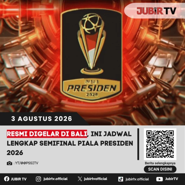 🏆 Babak semifinal Piala Presiden 2026 resmi digelar di Bali dan siap menghadirkan dua laga sarat gengsi. Persib Bandung akan bentrok dengan Persija Jakarta, sementara Persebaya Surabaya menghadapi Arema FC. Catat jadwal lengkapnya dan bersiap menyaksikan perebutan tiket menuju partai final turnamen pramusim paling bergengsi di Indonesia.

📌 𝐈𝐧𝐟𝐨 𝐥𝐞𝐧𝐠𝐤𝐚𝐩𝐧𝐲𝐚 𝐜𝐞𝐤 𝐝𝐢 𝐬𝐭𝐨𝐫𝐲 & 𝐬𝐨𝐫𝐨𝐭𝐚𝐧

#jubirtv #jubirtvnewscom #pialapresiden2026 #persib #persija #persebaya #aremafc #bobotoh #sepakbola #beritaolahraga