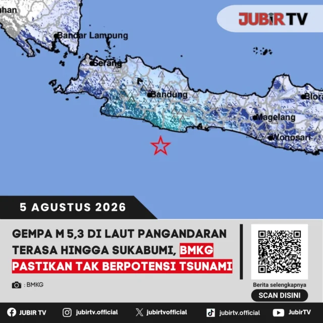 🌍 Gempa bumi berkekuatan Magnitudo 5,3 yang berpusat di laut barat daya Pangandaran sempat dirasakan di sejumlah wilayah, termasuk Kabupaten Sukabumi. BMKG memastikan gempa tersebut tidak berpotensi tsunami dan mengimbau masyarakat tetap tenang, tidak mudah percaya informasi yang belum terverifikasi, serta mengikuti perkembangan dari sumber resmi.

📌 𝐈𝐧𝐟𝐨 𝐥𝐞𝐧𝐠𝐤𝐚𝐩𝐧𝐲𝐚 𝐜𝐞𝐤 𝐝𝐢 𝐬𝐭𝐨𝐫𝐲 & 𝐬𝐨𝐫𝐨𝐭𝐚𝐧

#jubirtv #jubirtvnewscom #gempa #bmkg #pangandaran #sukabumi #jawabarat #infogempa #beritasukabumi #cuaca