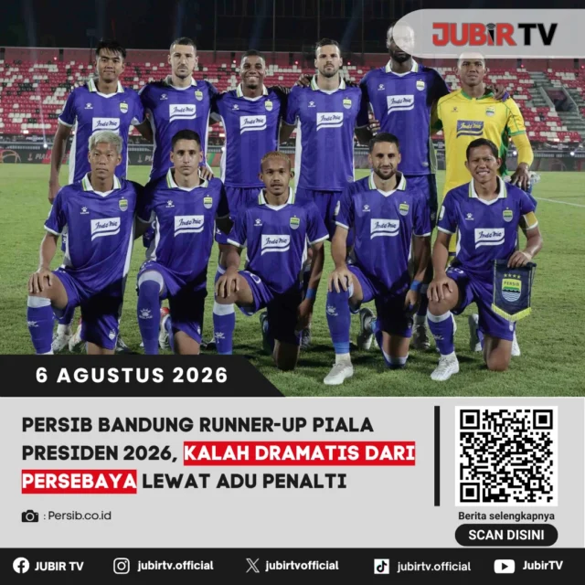 🐯 Perjuangan Persib Bandung di Piala Presiden 2026 harus berakhir sebagai runner-up. Maung Bandung tampil ngotot hingga laga final, namun harus mengakui keunggulan Persebaya Surabaya lewat drama adu penalti setelah bermain imbang selama waktu normal dan perpanjangan waktu. Meski gagal membawa pulang trofi, penampilan Persib sepanjang turnamen menjadi modal penting menghadapi kompetisi musim 2026/2027.

📌 𝐈𝐧𝐟𝐨 𝐥𝐞𝐧𝐠𝐤𝐚𝐩𝐧𝐲𝐚 𝐜𝐞𝐤 𝐝𝐢 𝐬𝐭𝐨𝐫𝐲 & 𝐬𝐨𝐫𝐨𝐭𝐚𝐧

#jubirtv #jubirtvnewscom #persib #bobotoh #pialapresiden2026 #maungbandung #persebaya #beritaolahraga #sepakbola