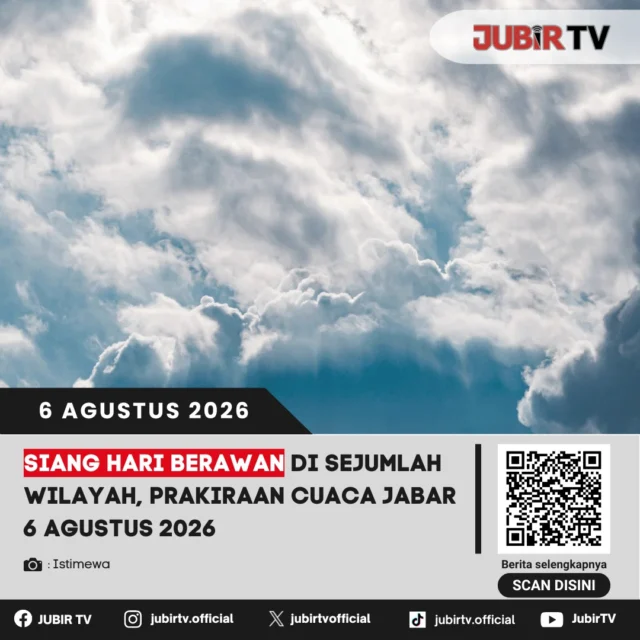 🌤️ Prakiraan cuaca Jawa Barat pada Kamis, 6 Agustus 2026 didominasi kondisi cerah hingga berawan, terutama pada siang hari di sejumlah wilayah. Meski cuaca relatif mendukung aktivitas, masyarakat tetap diimbau mewaspadai perubahan cuaca lokal dan rutin memantau informasi resmi BMKG sebelum beraktivitas di luar ruangan.

📌 𝐈𝐧𝐟𝐨 𝐥𝐞𝐧𝐠𝐤𝐚𝐩𝐧𝐲𝐚 𝐜𝐞𝐤 𝐝𝐢 𝐬𝐭𝐨𝐫𝐲 & 𝐬𝐨𝐫𝐨𝐭𝐚𝐧

#jubirtv #jubirtvnewscom #prakiraancuaca #cuacajabar #bmkg #jawabarat #infocuaca #beritajabar #beritasukabumi #cuacahariini