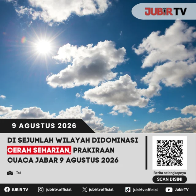 Badan Meteorologi, Klimatologi, dan Geofisika (BMKG) merilis prakiraan cuaca wilayah Jawa Barat pada Minggu, 9 Agustus 2026.

BMKG memprediksi kondisi cuaca di Jawa Barat didominasi kondisi cerah berawan hingga berawan. 

📌 𝐈𝐧𝐟𝐨 𝐥𝐞𝐧𝐠𝐤𝐚𝐩𝐧𝐲𝐚 𝐜𝐞𝐤 𝐝𝐢 𝐬𝐭𝐨𝐫𝐲 & 𝐬𝐨𝐫𝐨𝐭𝐚𝐧

#jubirtv #jubirtvnewscom #prakiraancuaca #cuacajabar #cuacasukabumi #bmkg