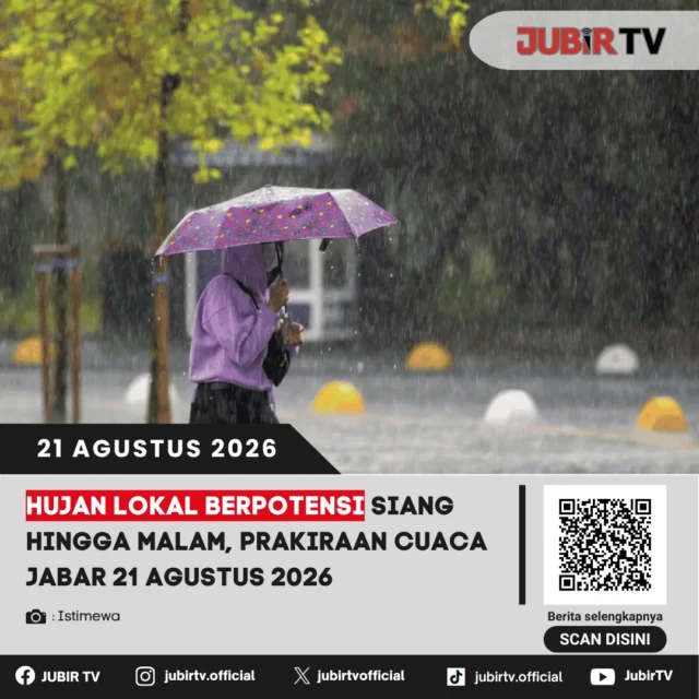 🌦️ Hujan lokal berpotensi siang hingga malam, cek prakiraan cuaca Jabar 21 Agustus 2026.

Sejumlah wilayah Jawa Barat berpotensi mengalami hujan lokal pada siang hingga malam hari. Warga diimbau tetap waspada terhadap perubahan cuaca.

Wilayah mana saja yang berpotensi hujan?

📌 𝐈𝐧𝐟𝐨 𝐥𝐞𝐧𝐠𝐤𝐚𝐩𝐧𝐲𝐚 𝐜𝐞𝐤 𝐝𝐢 𝐬𝐭𝐨𝐫𝐲 & 𝐬𝐨𝐫𝐨𝐭𝐚𝐧

#jubirtv #jubirtvnewscom #prakiraancuaca #cuacajabar #sukabumi #bmkg #infocuaca #jabar #cuacasukabumi #beritasukabumi