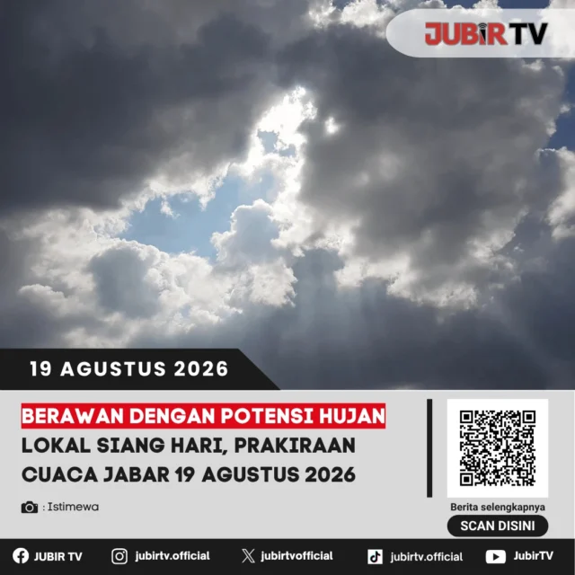 🌦️ Berawan dengan potensi hujan lokal siang hari, cek prakiraan cuaca Jabar 19 Agustus 2026.

BMKG memprakirakan sebagian wilayah Jawa Barat didominasi cuaca cerah berawan hingga berawan, dengan potensi hujan lokal terutama pada siang hari. 

Wilayah mana saja yang berpotensi hujan?

📌 𝐈𝐧𝐟𝐨 𝐥𝐞𝐧𝐠𝐤𝐚𝐩𝐧𝐲𝐚 𝐜𝐞𝐤 𝐝𝐢 𝐬𝐭𝐨𝐫𝐲 & 𝐬𝐨𝐫𝐨𝐭𝐚𝐧

#jubirtv #jubirtvnewscom #prakiraancuaca #cuacajabar #jabar #bmkg #cuacasukabumi #sukabumi #infocuaca #beritasukabumi