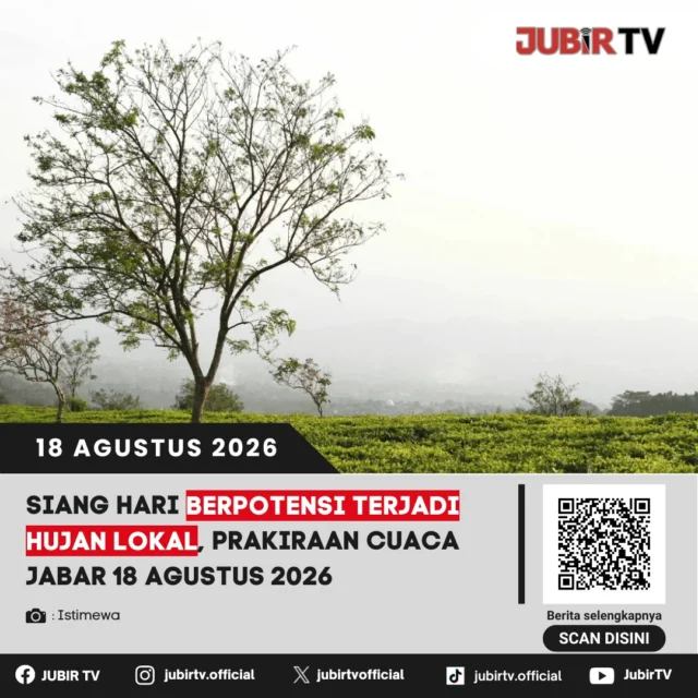 🌦️ Siang hari berpotensi hujan lokal, cek prakiraan cuaca Jabar 18 Agustus 2026!

Sejumlah wilayah Jawa Barat diprakirakan mengalami hujan lokal pada siang hari. Kondisi ini perlu diperhatikan, terutama bagi masyarakat yang punya aktivitas di luar rumah.

Wilayah mana saja yang berpotensi hujan?

📌 𝐈𝐧𝐟𝐨 𝐥𝐞𝐧𝐠𝐤𝐚𝐩𝐧𝐲𝐚 𝐜𝐞𝐤 𝐝𝐢 𝐬𝐭𝐨𝐫𝐲 & 𝐬𝐨𝐫𝐨𝐭𝐚𝐧

#jubirtv #jubirtvnewscom #prakiraancuaca #cuacajabar #jabar #bmkg #cuacasukabumi #sukabumi #infocuaca #beritasukabumi
