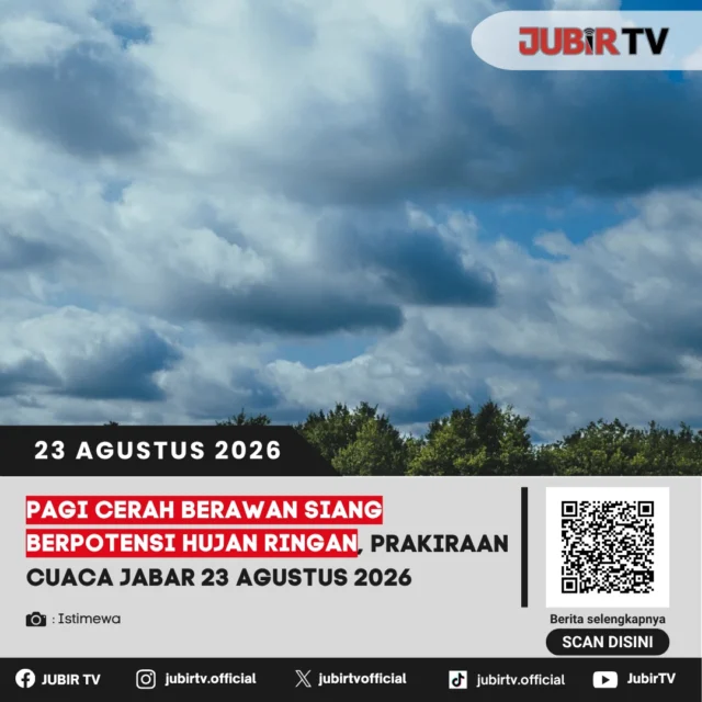 🌦️ Pagi cerah berawan, siang berpotensi hujan ringan di Jawa Barat.

BMKG memprakirakan cuaca Jawa Barat pada 23 Agustus 2026 cerah berawan di pagi hari, dengan potensi hujan ringan di sejumlah wilayah pada siang hari.

Wilayah mana saja yang berpotensi hujan?

📌 𝐈𝐧𝐟𝐨 𝐥𝐞𝐧𝐠𝐤𝐚𝐩𝐧𝐲𝐚 𝐜𝐞𝐤 𝐝𝐢 𝐬𝐭𝐨𝐫𝐲 & 𝐬𝐨𝐫𝐨𝐭𝐚𝐧

#jubirtv #jubirtvnewscom #prakiraancuaca #cuacajabar #bmkg #sukabumi #infocuaca #cuacasukabumi #jabar #beritasukabumi