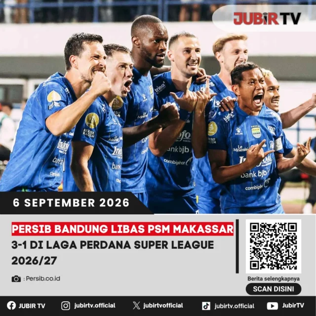 🔥 Persib Bandung Libas PSM Makassar 3-1 di Laga Perdana Super League 2026/27

Sempat tertinggal lebih dulu, Persib Bandung bangkit dan menang 3-1 atas PSM Makassar pada laga perdana Super League 2026/27. Tiga gol Persib tercipta di babak kedua untuk mengamankan tiga poin.

Kemenangan ini jadi modal positif Maung Bandung mengawali musim baru.

📌 𝐈𝐧𝐟𝐨 𝐥𝐞𝐧𝐠𝐤𝐚𝐩𝐧𝐲𝐚 𝐜𝐞𝐤 𝐝𝐢 𝐬𝐭𝐨𝐫𝐲 & 𝐬𝐨𝐫𝐨𝐭𝐚𝐧

#jubirtv #jubirtvnewscom #persib #persibbandung #psmmakassar #superleague #briliga1 #maungbandung #sepakbolaindonesia #olahragasukabumi