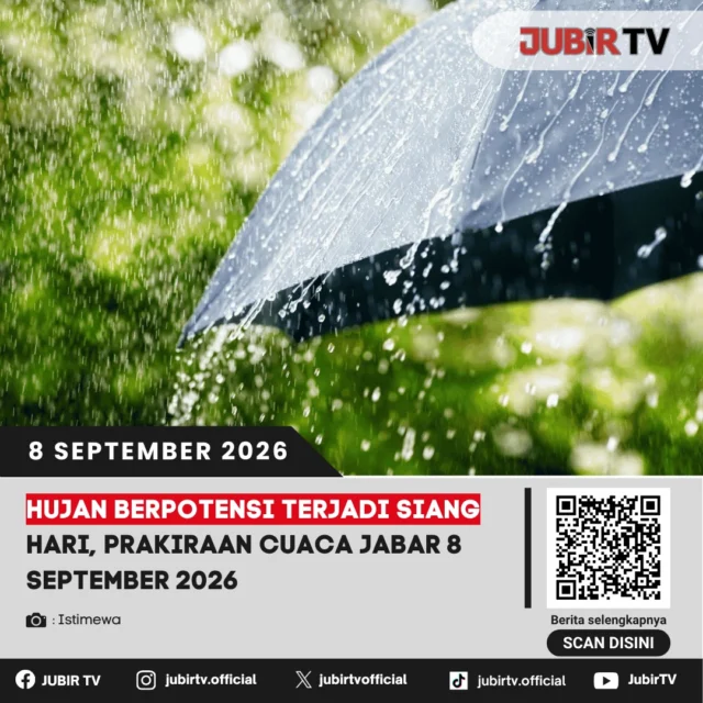 🌧️ Prakiraan Cuaca Jabar 8 September 2026, Hujan Berpotensi Terjadi Siang Hari

Sejumlah wilayah Jawa Barat berpotensi diguyur hujan pada siang hingga sore hari pada Selasa (8/9/2026).

Masyarakat diimbau tetap memperhatikan kondisi cuaca sebelum beraktivitas di luar ruangan.

📌 𝐈𝐧𝐟𝐨 𝐥𝐞𝐧𝐠𝐤𝐚𝐩𝐧𝐲𝐚 𝐜𝐞𝐤 𝐝𝐢 𝐬𝐭𝐨𝐫𝐲 & 𝐬𝐨𝐫𝐨𝐭𝐚𝐧

#jubirtv #jubirtvnewscom #cuacajabar #prakiraancuaca #jabar #sukabumi #hujan #infocuaca #bmkg #beritajabar