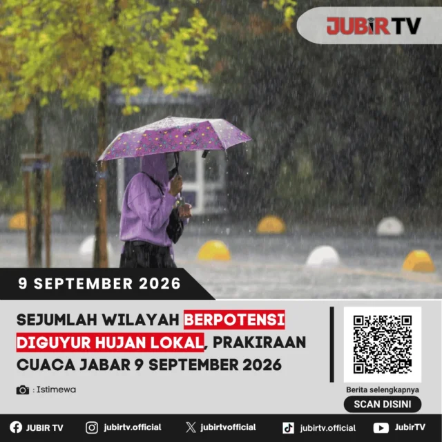 🌧️ Prakiraan Cuaca Jabar 9 September 2026, Sukabumi Berpotensi Hujan Lokal

BMKG memprakirakan sebagian besar wilayah Jawa Barat cerah berawan hingga berawan, namun hujan ringan berpotensi terjadi di sejumlah daerah mulai menjelang siang hingga malam, termasuk Sukabumi.

Masyarakat juga diimbau mewaspadai peningkatan kecepatan angin dan terus memantau perkembangan cuaca sebelum beraktivitas di luar ruangan.

📌 𝐈𝐧𝐟𝐨 𝐥𝐞𝐧𝐠𝐤𝐚𝐩𝐧𝐲𝐚 𝐜𝐞𝐤 𝐝𝐢 𝐬𝐭𝐨𝐫𝐲 & 𝐬𝐨𝐫𝐨𝐭𝐚𝐧

#jubirtv #jubirtvnewscom #prakiraancuaca #cuacajabar #sukabumi #cuacasukabumi #bmkg #hujanlokal #infocuaca #cuacaindonesia