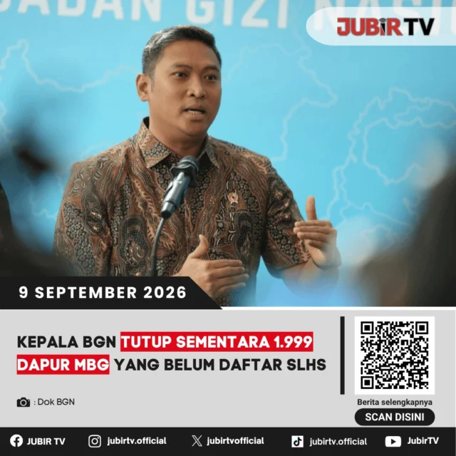 ⚠️ Kepala BGN Tutup Sementara 1.999 Dapur MBG yang Belum Daftar SLHS

Badan Gizi Nasional (BGN) mengambil langkah tegas dengan menutup sementara 1.999 dapur MBG yang belum mendaftarkan Sertifikat Laik Higiene Sanitasi (SLHS).

Kebijakan ini menjadi bagian dari upaya memastikan standar keamanan dan kelayakan higiene sanitasi dalam pelaksanaan Program Makan Bergizi Gratis.

📌 𝐈𝐧𝐟𝐨 𝐥𝐞𝐧𝐠𝐤𝐚𝐩𝐧𝐲𝐚 𝐜𝐞𝐤 𝐝𝐢 𝐬𝐭𝐨𝐫𝐲 & 𝐬𝐨𝐫𝐨𝐭𝐚𝐧

#jubirtv #jubirtvnewscom #mbg #makanbergizigratis #bgn #slhs #keamanpangan #higienesanitasi #programmbg #beritanasional