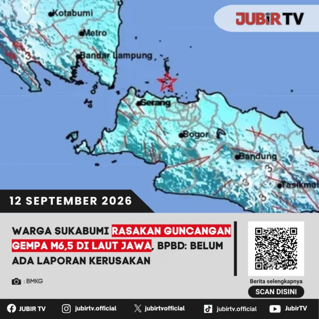 🌎 Gempa M6,5 Guncang Laut Jawa, Getarannya Terasa hingga Sukabumi

Gempa tektonik M6,5 yang berpusat di Laut Jawa, Kepulauan Seribu, Sabtu (12/9/2026) dini hari, dirasakan warga di Kabupaten dan Kota Sukabumi.

Meski guncangan terasa, BPBD Sukabumi memastikan belum ada laporan kerusakan. Gempa juga dinyatakan tidak berpotensi tsunami.

Seberapa kuat guncangannya di Sukabumi?

📌 𝐈𝐧𝐟𝐨 𝐥𝐞𝐧𝐠𝐤𝐚𝐩𝐧𝐲𝐚 𝐜𝐞𝐤 𝐝𝐢 𝐬𝐭𝐨𝐫𝐲 & 𝐬𝐨𝐫𝐨𝐭𝐚𝐧

#jubirtv #jubirtvnewscom #gempa #sukabumi #gempasambumi #bmkg #bpbd #gempalautjawa #gempaindonesia #infobencana