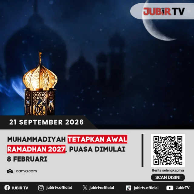 🌙 Muhammadiyah Tetapkan Awal Ramadan 2027, Puasa Dimulai 8 Februari

Pimpinan Pusat Muhammadiyah menetapkan 1 Ramadan 1448 H jatuh pada Senin, 8 Februari 2027 berdasarkan Kalender Hijriah Global Tunggal (KHGT). Idulfitri 1448 H juga ditetapkan pada 9 Maret 2027.

Sementara itu, pemerintah Indonesia belum menetapkan awal Ramadan 2027 secara resmi dan masih menunggu hasil Sidang Isbat Kementerian Agama.

Bagaimana jadwal lengkap Ramadan 2027 versi Muhammadiyah?

📌 𝐈𝐧𝐟𝐨 𝐥𝐞𝐧𝐠𝐤𝐚𝐩𝐧𝐲𝐚 𝐜𝐞𝐤 𝐝𝐢 𝐬𝐭𝐨𝐫𝐲 & 𝐬𝐨𝐫𝐨𝐭𝐚𝐧

#jubirtv #jubirtvnewscom #ramadan2027 #ramadan1448h #muhammadiyah #awalpuasa #puasa #idulfitri #ramadan