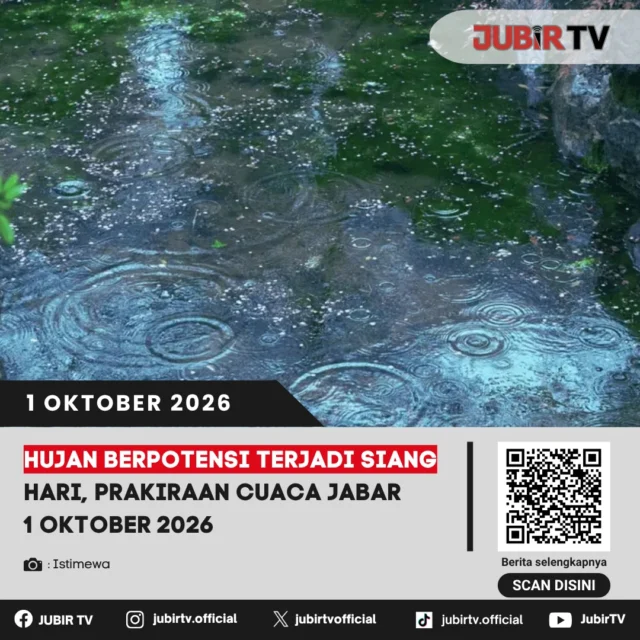 🌦️ Hujan Berpotensi Terjadi Siang Hari, Ini Prakiraan Cuaca Jabar 1 Oktober 2026

Sejumlah wilayah Jawa Barat berpotensi mengalami hujan pada siang hari, dengan intensitas yang bervariasi. Kabupaten dan Kota Sukabumi termasuk wilayah yang diprakirakan cerah berawan pada pagi hari, lalu berpotensi hujan sedang hingga lebat pada siang hari.

Sebelum beraktivitas, masyarakat diimbau tetap memantau perkembangan cuaca dan peringatan dini dari BMKG.

Wilayah mana saja yang berpotensi diguyur hujan? 

📌 𝐈𝐧𝐟𝐨 𝐥𝐞𝐧𝐠𝐤𝐚𝐩𝐧𝐲𝐚 𝐜𝐞𝐤 𝐝𝐢 𝐬𝐭𝐨𝐫𝐲 & 𝐬𝐨𝐫𝐨𝐭𝐚𝐧

#jubirtv #jubirtvnewscom #prakiraancuaca #cuacajabar #sukabumi #bmkg #infocuaca #hujan #jawabarat