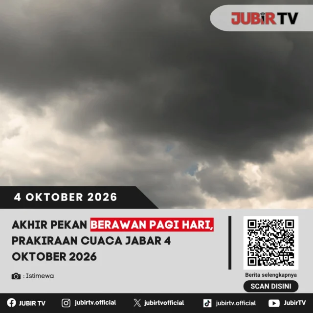 Badan Meteorologi, Klimatologi, dan Geofisika (BMKG) merilis prakiraan cuaca wilayah Jawa Barat pada Minggu, 4 Oktober 2026.

BMKG memprakirakan kondisi cuaca Jawa Barat didominasi kondisi cerah berawan hingga berawan pada pagi hari.

Potensi hujan mulai meningkat pada siang hingga sore hari. Sejumlah wilayah diprakirakan mengalami hujan ringan hingga sedang, sementara hujan sedang hingga lebat berpotensi terjadi di sebagian wilayah Bogor, Sukabumi, Cianjur, dan Bandung.

📌 𝐈𝐧𝐟𝐨 𝐥𝐞𝐧𝐠𝐤𝐚𝐩𝐧𝐲𝐚 𝐜𝐞𝐤 𝐝𝐢 𝐬𝐭𝐨𝐫𝐲 & 𝐬𝐨𝐫𝐨𝐭𝐚𝐧
#jubirtv #jubirtvnewscom #cuacaberawan #cuacasukabumi #bmkg