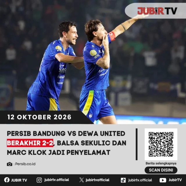 ⚽ Sempat Tertinggal 2 Gol, Persib Bangkit dan Tahan Dewa United 2-2!

Persib Bandung harus puas berbagi poin dengan Dewa United pada pekan keempat Super League 2026/2027 di Stadion Si Jalak Harupat, Minggu (11/10). Sempat tertinggal lewat gol Egy Maulana Vikri dan Noah Sadaoui, Maung Bandung membalas melalui Balsa Sekulic dan Marc Klok di awal babak kedua.

Dua gol cepat dalam rentang empat menit menyelamatkan Persib dari kekalahan. Namun, hingga peluit akhir, tak ada gol tambahan yang tercipta.

Bagaimana jalannya laga dan peluang Persib berikutnya?

📌 𝐈𝐧𝐟𝐨 𝐥𝐞𝐧𝐠𝐤𝐚𝐩𝐧𝐲𝐚 𝐜𝐞𝐤 𝐝𝐢 𝐬𝐭𝐨𝐫𝐲 & 𝐬𝐨𝐫𝐨𝐭𝐚𝐧

#jubirtv #jubirtvnewscom #persib #persibbandung #dewaunited #marcklok #balsasekulic #superleague #bobotoh
