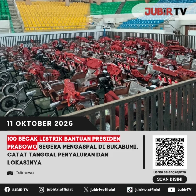 🚲 100 Becak Listrik Bantuan Prabowo Segera Disalurkan di Sukabumi, Ini Jadwalnya!

Sebanyak 100 unit becak listrik bantuan Presiden Prabowo Subianto segera dibagikan kepada masyarakat Kabupaten Sukabumi. Penyerahan bantuan ditargetkan berlangsung Selasa, 13 Oktober 2026, dengan lokasi kegiatan di Alun-Alun Palabuhanratu.

Sejumlah wilayah yang disiapkan untuk penempatan becak listrik ini meliputi Palabuhanratu, Cisolok, Sukabumi, Cisaat, dan Sukaraja.

Siapa saja yang berhak menerima bantuan ini?

📌 𝐈𝐧𝐟𝐨 𝐥𝐞𝐧𝐠𝐤𝐚𝐩𝐧𝐲𝐚 𝐜𝐞𝐤 𝐝𝐢 𝐬𝐭𝐨𝐫𝐲 & 𝐬𝐨𝐫𝐨𝐭𝐚𝐧

#jubirtv #jubirtvnewscom #becaklistrik #bantuanpresiden #prabowosubianto #sukabumi #palabuhanratu #pemkabsukabumi #ekonomimasyarakat