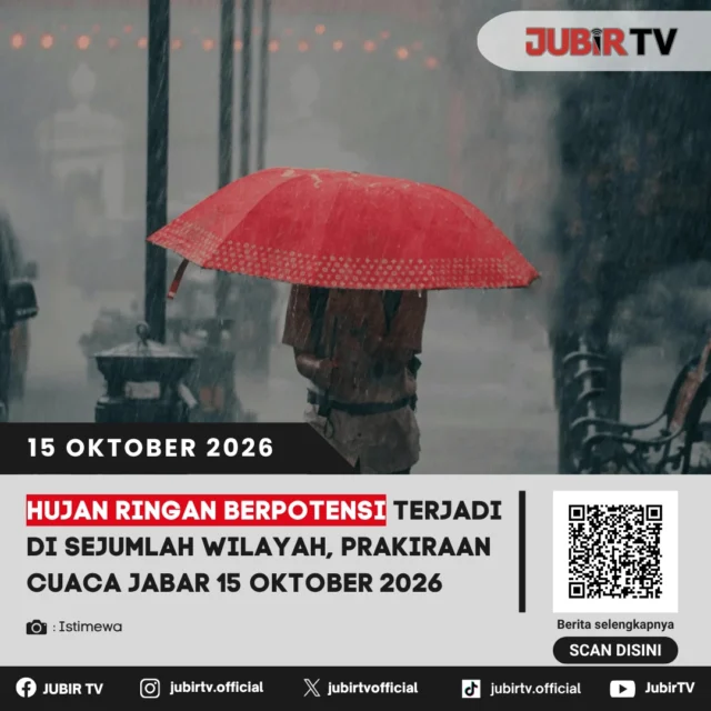 🌦️ Hujan Ringan Berpotensi Guyur Sejumlah Wilayah, Sukabumi Waspada Cuaca 15 Oktober 2026

BMKG memprakirakan Jawa Barat didominasi cuaca cerah berawan hingga berawan pada Kamis (15/10). Hujan ringan berpotensi turun secara lokal pada siang hingga sore hari, termasuk di Kabupaten Sukabumi, Bogor, Cianjur, Bandung, dan Bandung Barat.

Warga Kabupaten Sukabumi dan Bogor juga diimbau mewaspadai potensi hujan disertai kilat atau petir pada sore hingga menjelang malam.

Bagaimana prakiraan cuaca lengkap di Jawa Barat?

📌 𝐈𝐧𝐟𝐨 𝐥𝐞𝐧𝐠𝐤𝐚𝐩𝐧𝐲𝐚 𝐜𝐞𝐤 𝐝𝐢 𝐬𝐭𝐨𝐫𝐲 & 𝐬𝐨𝐫𝐨𝐭𝐚𝐧

#jubirtv #jubirtvnewscom #prakiraancuaca #cuacajabar #bmkg #sukabumi #bogor #jawabarat #infocuaca